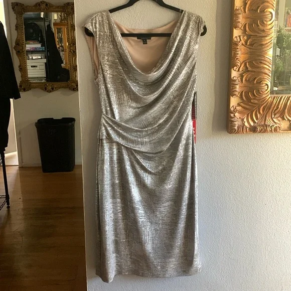 Connected Apparel Womens Metallic Sleeveless Cocktail Dress, Stone